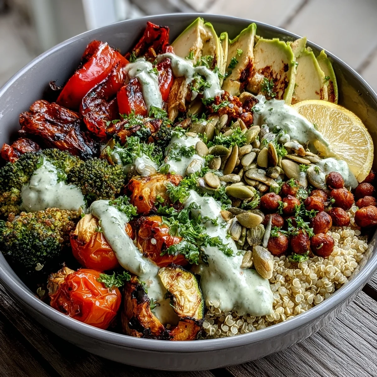 Vibrant roasted vegetables and chickpeas atop fluffy quinoa, finished with a creamy tahini drizzle and fresh parsley garnish.