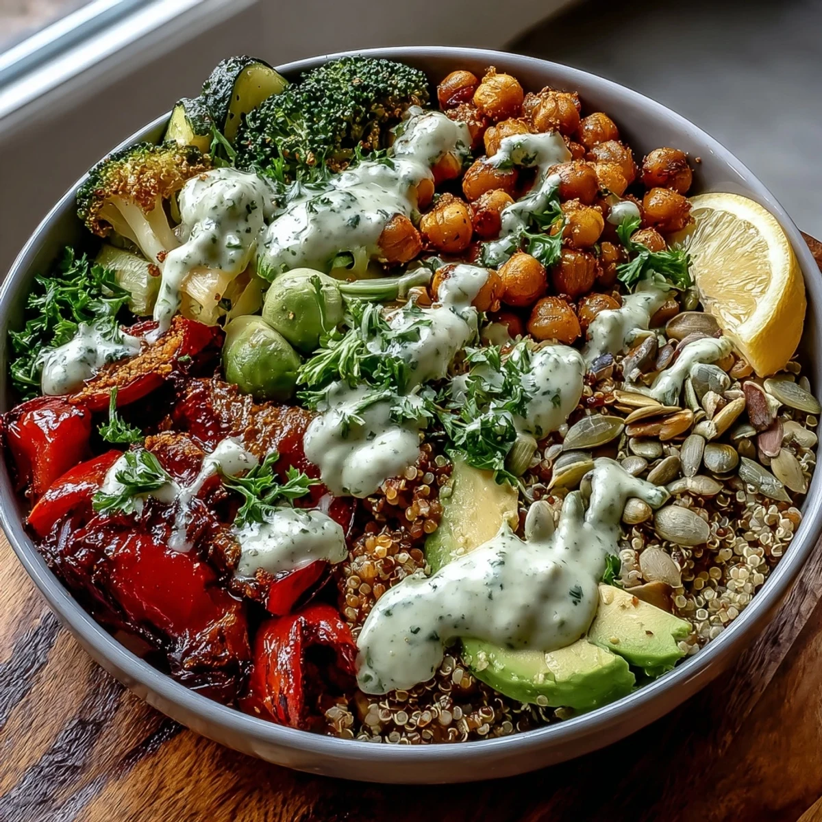 Golden roasted broccoli, cherry tomatoes, and lentils nestled on nutty farro, topped with crunchy pumpkin seeds and lemon wedges.