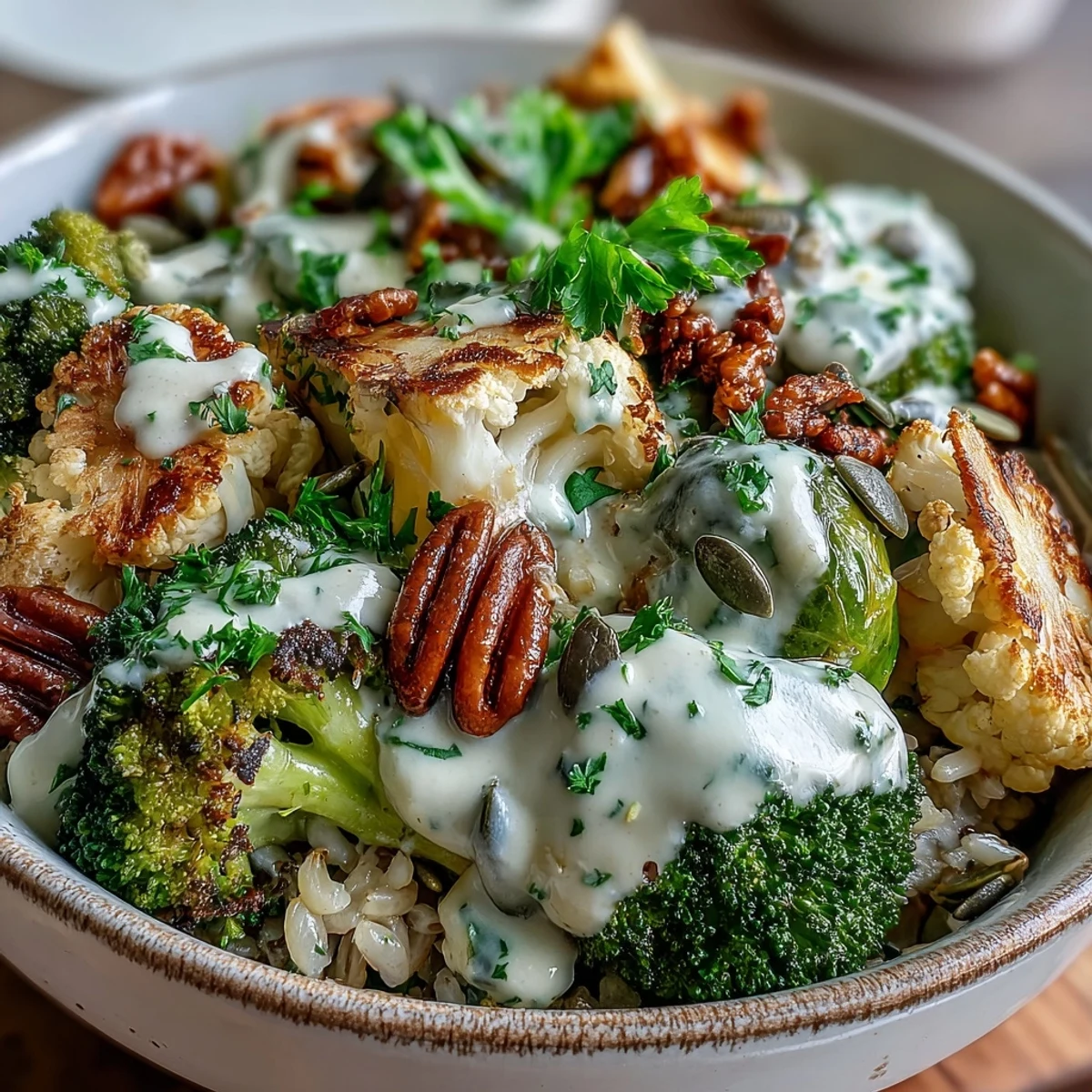 Fresh parsley, pumpkin seeds, and a zesty tahini-lemon dressing garnish this vibrant, wholesome Roasted Brassica Bowl.