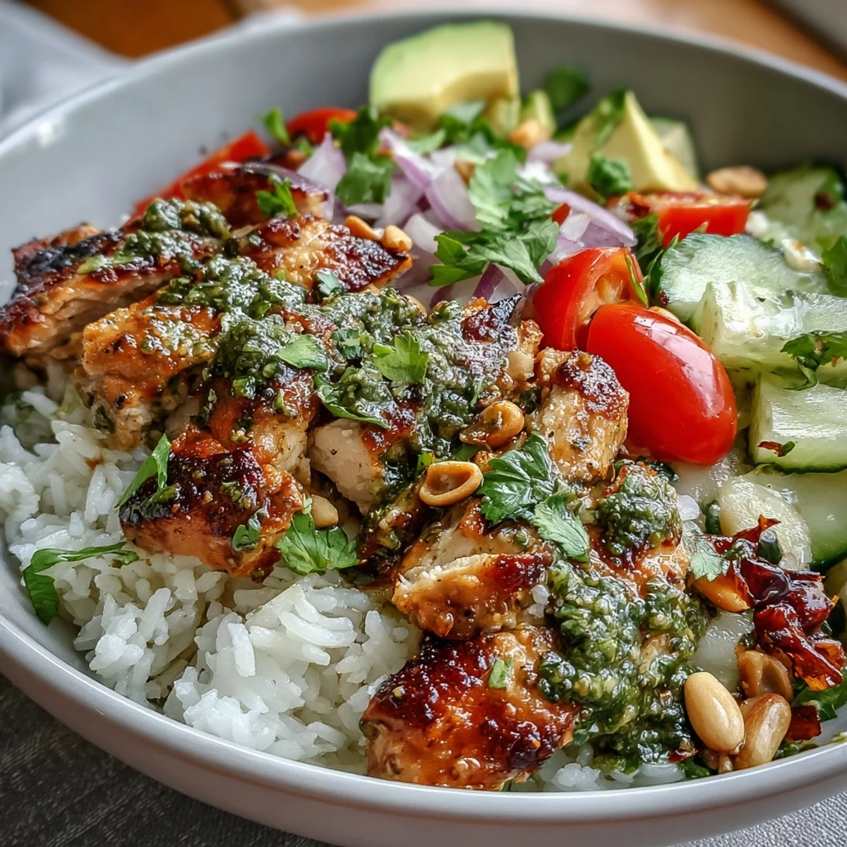 A colorful Pesto Chicken Bowl garnished with sliced avocado, a sprinkle of toasted pine nuts, and bright basil leaves, served on a rustic wooden table.