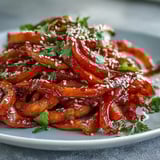 Hearty Gochujang Swede Noodles served in a rustic bowl, garnished with fresh cilantro and toasted sesame seeds.