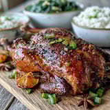 Fragrant Five-Spice Roast Ducks glistening with honeyed juices, carved alongside fluffy jasmine rice for dinner.