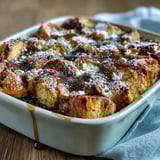 Sliced wedge of Monte Cristo Breakfast Casserole revealing layers of ham, turkey, Swiss cheese, and custardy bread.