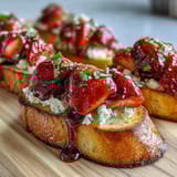 Vibrant balsamic strawberry bruschetta toasts topped with creamy goat cheese and fresh basil, perfect for summer gatherings.