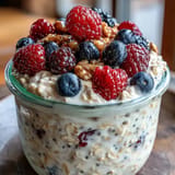 Flavorful high fiber overnight oats topped with vibrant fresh fruit.