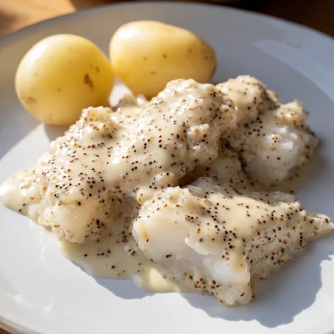 Flaky Norwegian Lutefisk, gently baked and topped with creamy mustard sauce for a savory meal.
