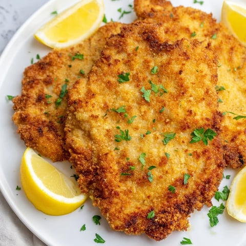 Golden-brown, crispy German Schnitzel cutlet, a savory delight served with fresh lemon wedges.
