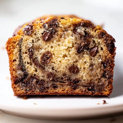 Golden-brown Banana Bread loaf with chocolate chips, sliced to show moist, tender crumb and melty chocolate pools.  