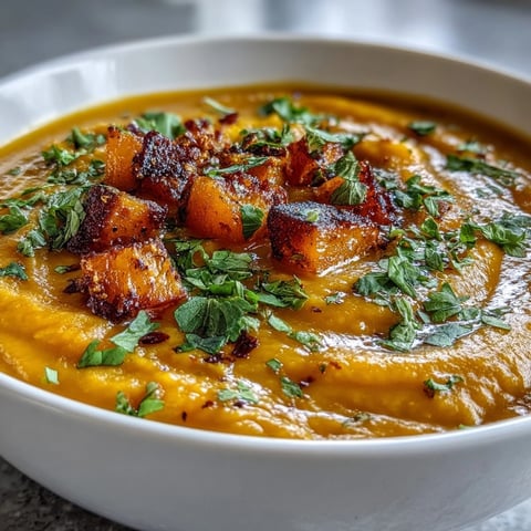 A warm bowl of butternut squash and lentil soup, garnished with fresh cilantro and a swirl of coconut milk, served alongside crusty bread.