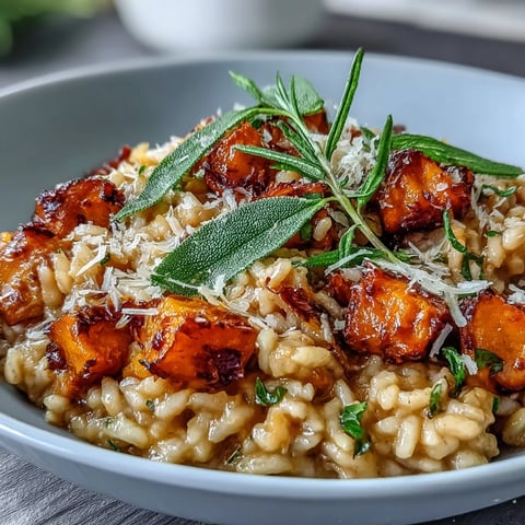 Vegan Pumpkin Risotto With Crispy Sage served warm, garnished with golden pumpkin cubes and crunchy sage leaves for autumn flavor.