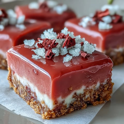 Vibrant pink No-Bake Strawberry Fudge Squares on a graham cracker crust, garnished with fresh strawberries and powdered sugar for a sweet finish.