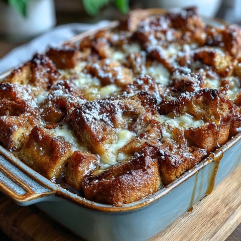 Golden-brown Monte Cristo Breakfast Casserole fresh from the oven, dusted with powdered sugar and drizzled with maple syrup.