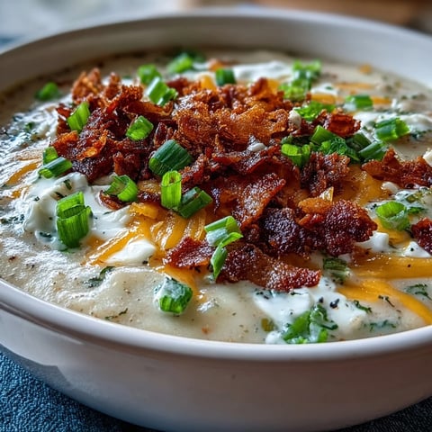 Creamy loaded potato soup in a rustic bowl, topped with crispy bacon crumbles and fresh green onions for a comforting lunch.