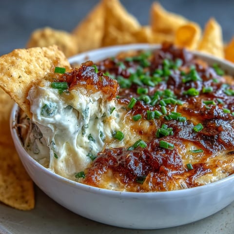 Warm, bubbly smoked Gouda and onion dip, topped with fresh chives, served with tortilla chips for a party appetizer.