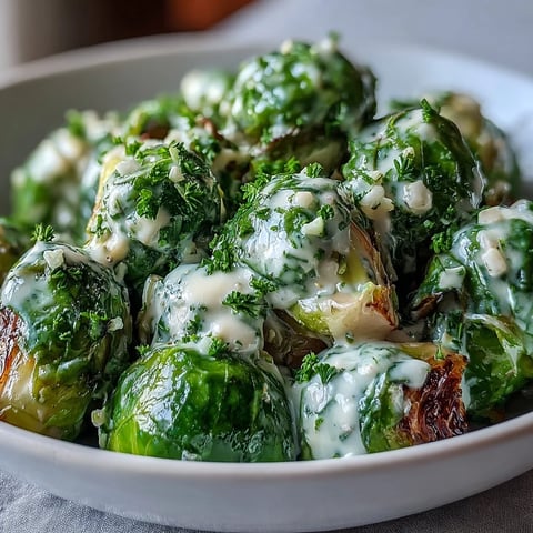 Roasted Brussels sprouts in Cream Cheese-Mustard Sauce served warm garnished with fresh parsley.
