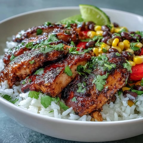 A vibrant Cajun Chicken Bowl showcases spicy sliced chicken over fluffy rice with colorful peppers and black beans, garnished with fresh cilantro and avocado slices.