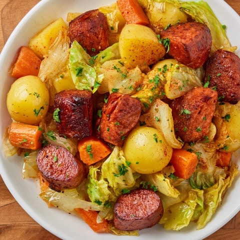 A close-up of a steaming, delicious All-in-One Pan Sausage and Cabbage dish, ready to eat alongside a side.