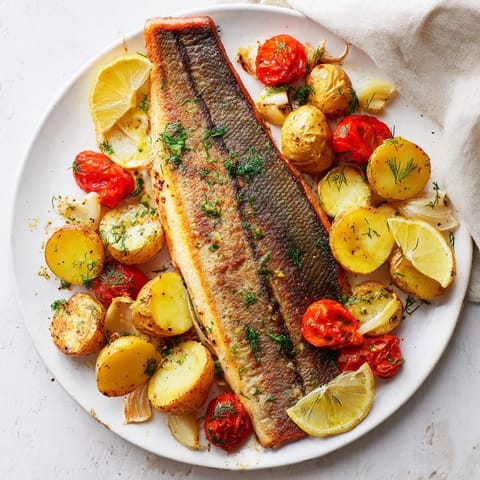 Juicy One-Tray Baked Trout fillets, baked with cherry tomatoes and garlic for a flavorful dinner.