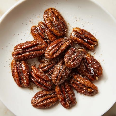 A close-up of delicious Simple Garlic-Honey Roasted Pecans, with a savory, sweet aroma perfect for snacking.