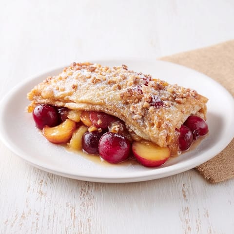 Close-up of a warm, sliced Rustic Cherry and Vanilla Almond Galette, showing its sweet cherry filling.