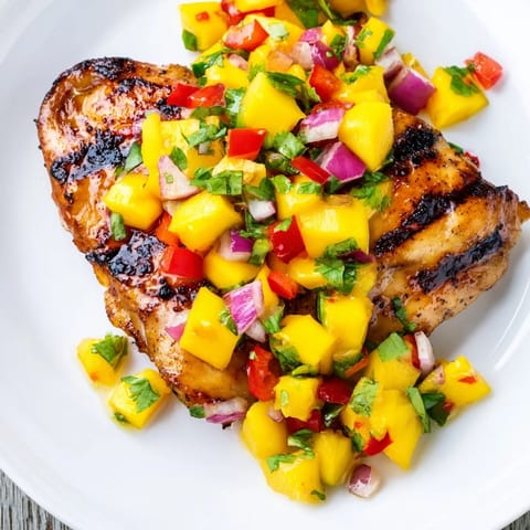 A beautiful close-up of Grilled Mango Salsa Chicken, a flavorful dish ideal for summer gatherings.