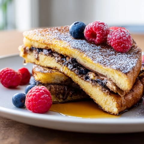 Dripping Nutella Brioche French Toast, a rich French-inspired breakfast with fluffy brioche and chocolate.