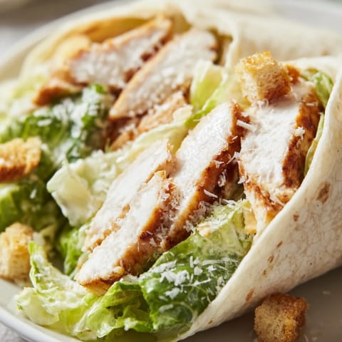 This savory Caesar Chicken Salad Wrap offers a perfect handheld lunch, featuring creamy dressing and freshly ground black pepper.  