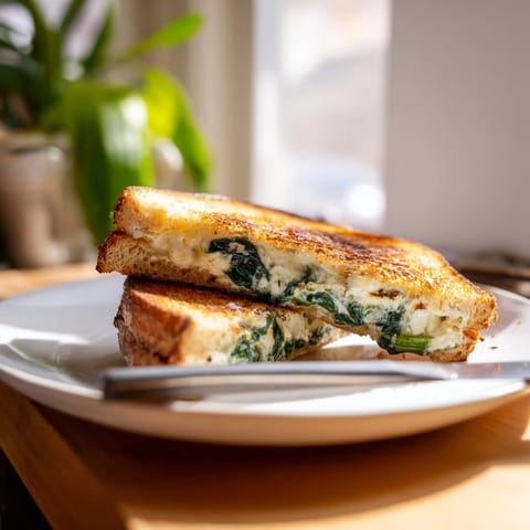 A close-up of a Feta & Spinach Stuffed Grilled Cheese, showcasing melty cheese and wilted greens.  