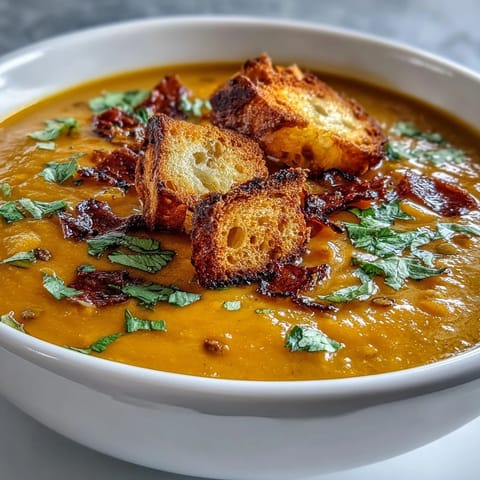 Vibrant roasted butternut squash and lentil soup simmering in a pot, featuring golden squash cubes and aromatic spices like cumin and turmeric.