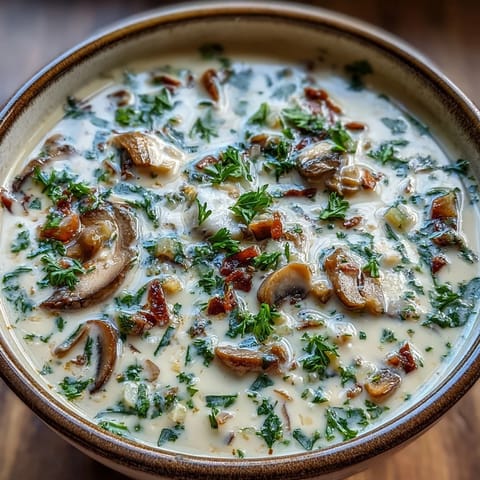 Creamy mushroom stroganoff soup steaming in a rustic ceramic bowl, perfect for a cozy weeknight dinner.