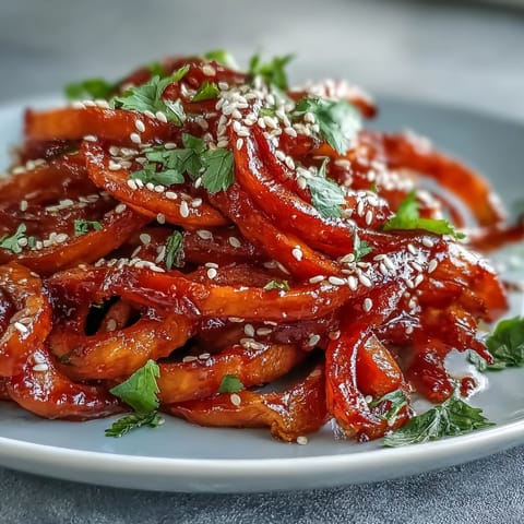 Hearty Gochujang Swede Noodles served in a rustic bowl, garnished with fresh cilantro and toasted sesame seeds.