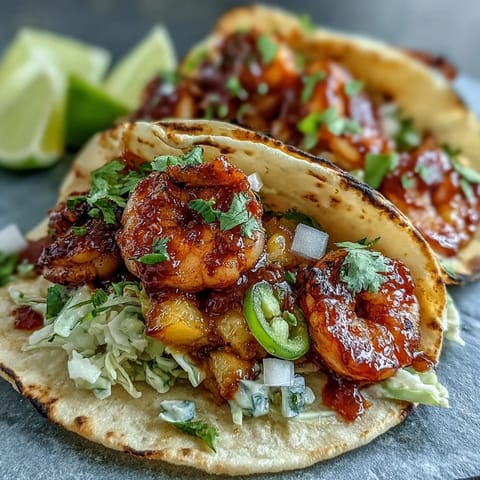 A close-up of Sriracha Shrimp Tacos with Mango Salsa, featuring juicy shrimp and vibrant fresh mango chunks.