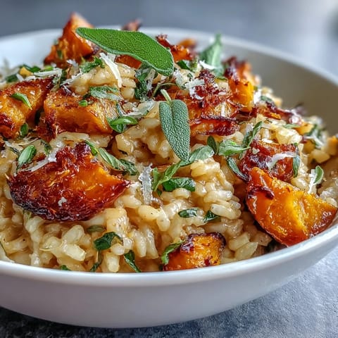 Close-up of creamy Vegan Pumpkin Risotto With Crispy Sage, topped with sage and lemon zest on a rustic wooden table.