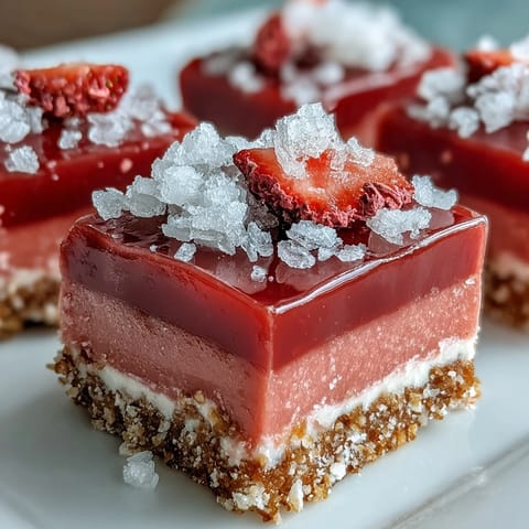 A hand lifts a creamy No-Bake Strawberry Fudge Square, revealing the pink, fudgy texture and crunchy graham base on a rustic wooden board.