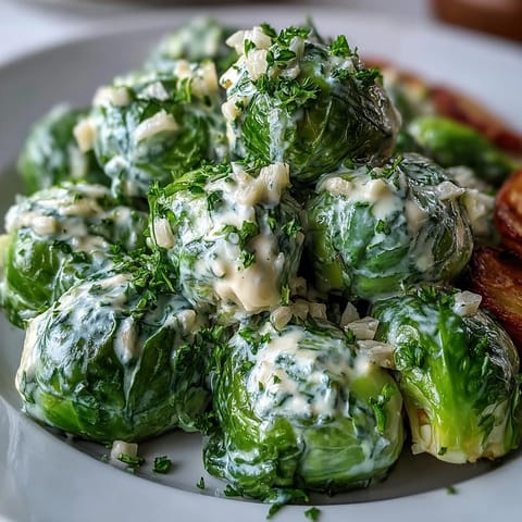 Brussels sprouts in Cream Cheese-Mustard Sauce plated alongside sliced chicken breast for a hearty dinner.