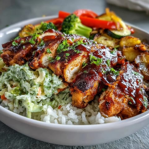 A vibrant bowl of BBQ chicken, fluffy rice, crunchy coleslaw, and roasted broccoli and red onions, ready for a wholesome family dinner.  