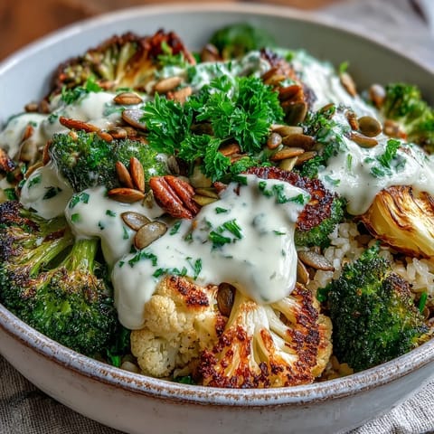 Golden roasted broccoli, cauliflower, and Brussels sprouts nestle over fluffy quinoa in this nourishing Roasted Brassica Bowl.