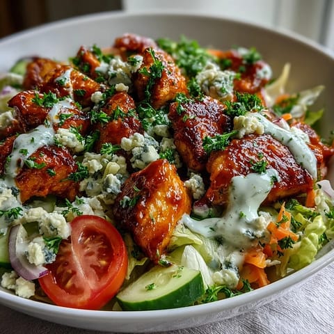 In a shallow bowl, tender buffalo chicken pieces are served warm over fluffy white rice, drizzled with ranch and finished with fresh parsley.