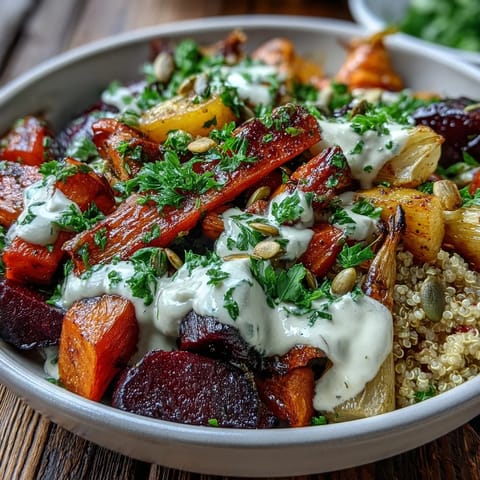 Caramelized carrots, beets, and parsnips on fluffy quinoa with a creamy tahini drizzle in a nourishing Roasted Root Vegetable Bowl.
