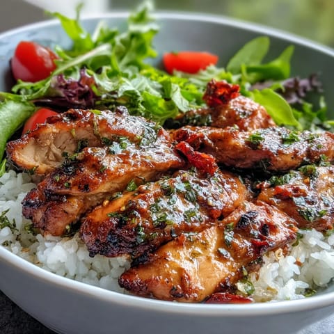 Sliced marinated chicken rests on fluffy rice beside crisp greens and cherry tomatoes in a vibrant Sun-Dried Tomato Chicken Bowl.  