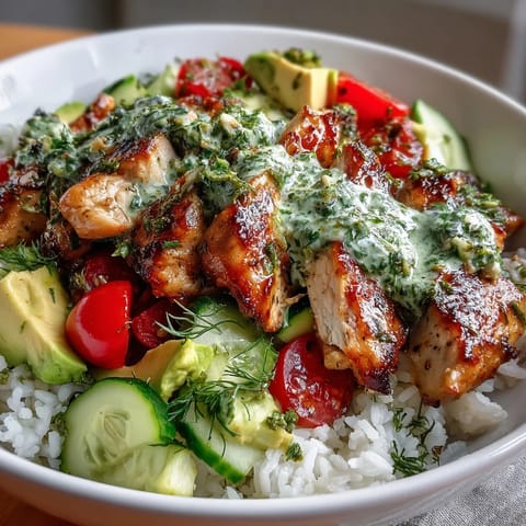Vibrant Chimichurri Chicken Bowl with juicy grilled chicken over rice, topped with avocado, tomatoes, and zesty herb sauce.