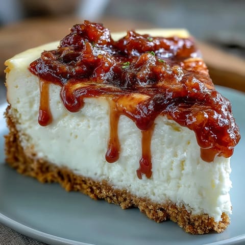 A chilled slice of Easy Guava Swirl Cheesecake garnished with fresh mint leaves and bright guava fruit.