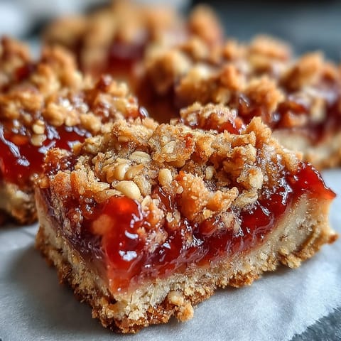 Golden-brown Guava Jam Bars with a coconut and macadamia oat crumble topping. 
