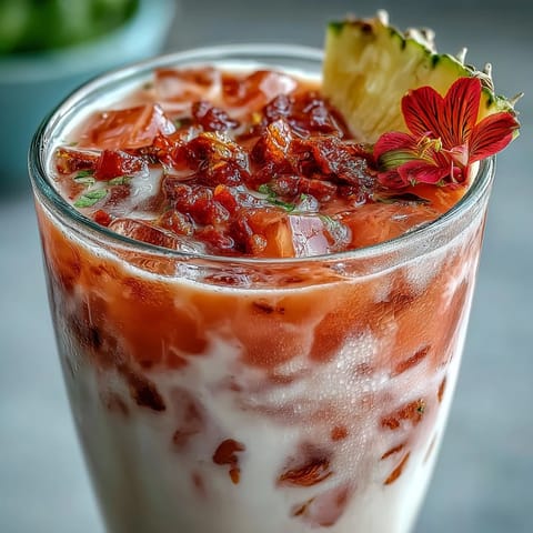 Chilled Iced Guava Passionfruit Drink layered with creamy coconut milk and served over ice in a tall glass.
