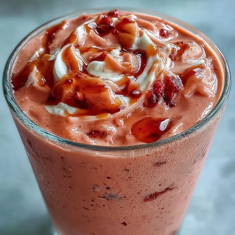 A top-down view captures a frosty glass of Guava Juice Smoothie garnished with a mango slice, highlighting its thick, creamy texture and sweet, tropical aroma.