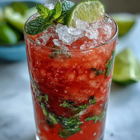 Fresh mint leaves muddled with lime, ready for a homemade Guava Mojito cocktail.
