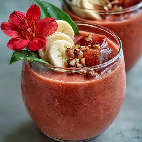 Creamy Guava Banana Smoothie served in a tall glass with a tropical fruit garnish.