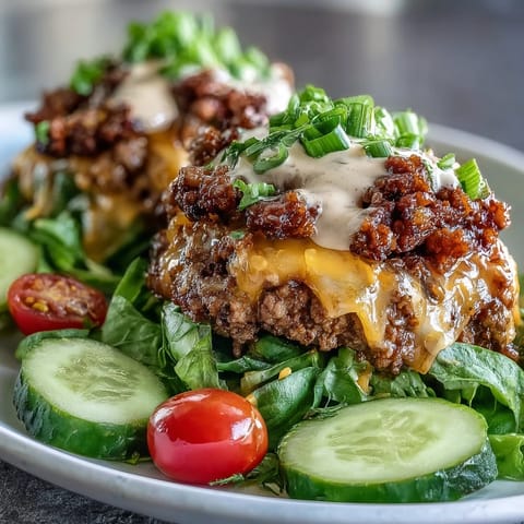 Layered High-Protein Cheeseburger Bowls feature juicy beef, dill pickles, cherry tomatoes, and tangy burger sauce on greens.