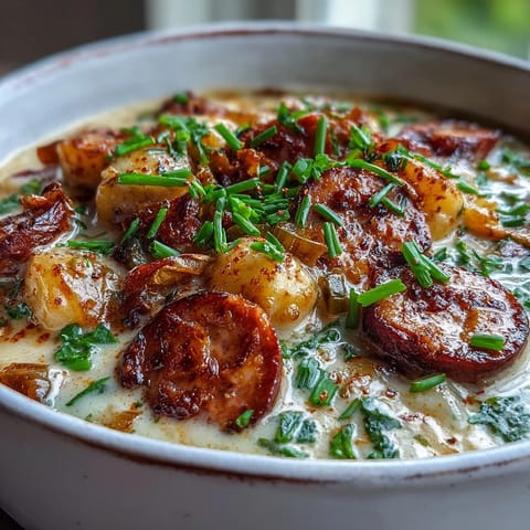 Sliced andouille sausage and tender Yukon Gold potato chunks swim in a rich, creamy Cajun-spiced broth. 