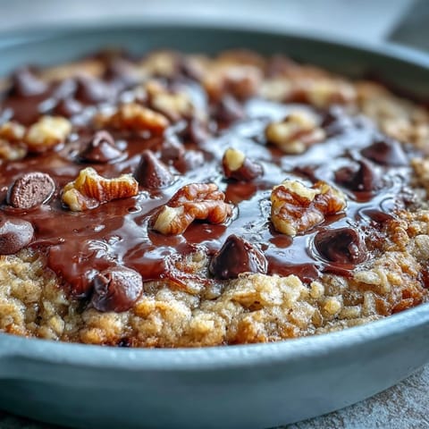 Serving suggestion for Chunky Monkey Oatmeal Cookie Skillet: scoops topped with vanilla ice cream melting over gooey chocolate and walnut pieces.